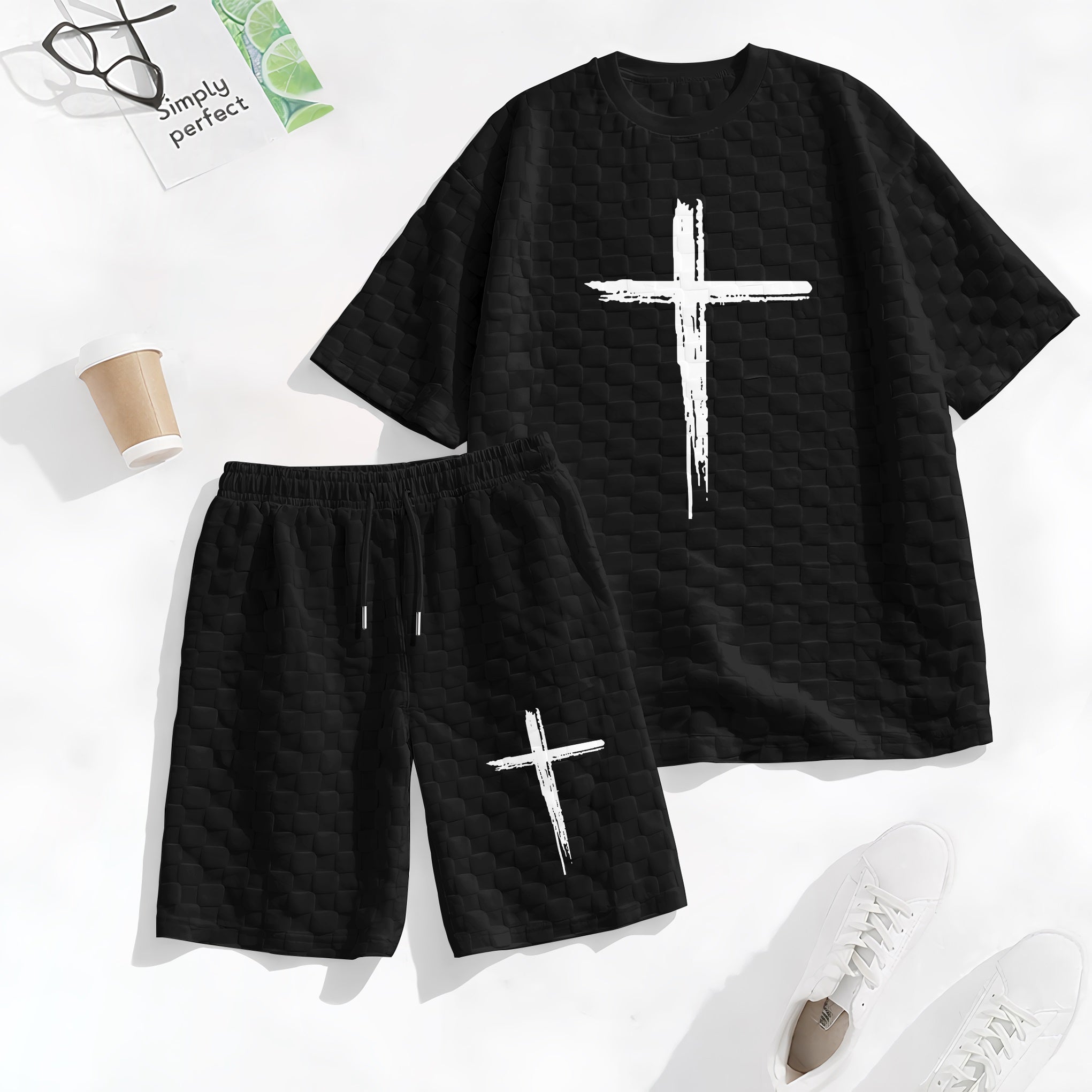 Men's Spring and Summer Cross Print Checkered Fabric Drawstring Shorts Set, Casual Summer Outfit with Short-Sleeved Shirt and Shorts, Ideal for Everyday Wear and Sports Activities
