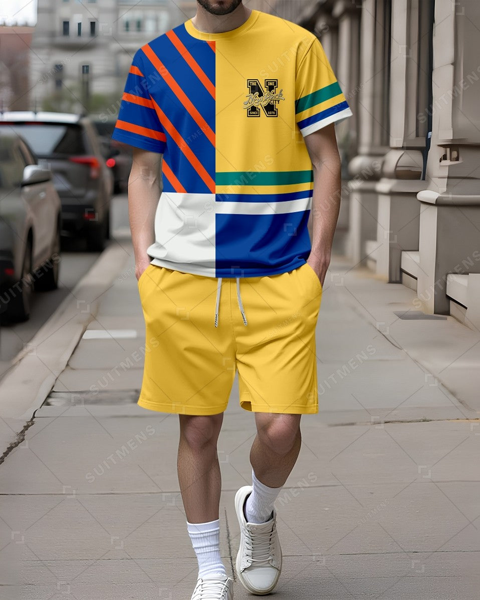 Men's Summer Colorblock Printed Round Neck Set 275