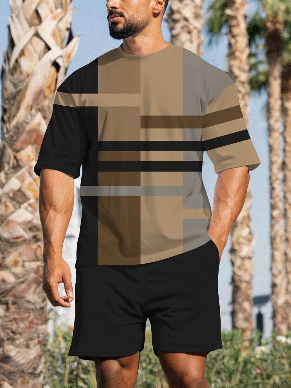 Men's Casual Sports Street Simple Color Block Printed Shorts Suit 005