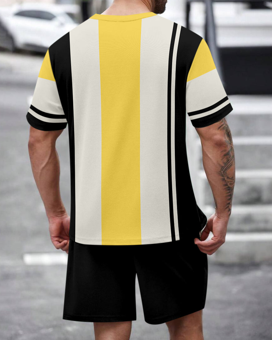 Men's Summer Colorblock Printed Round Neck Set 474
