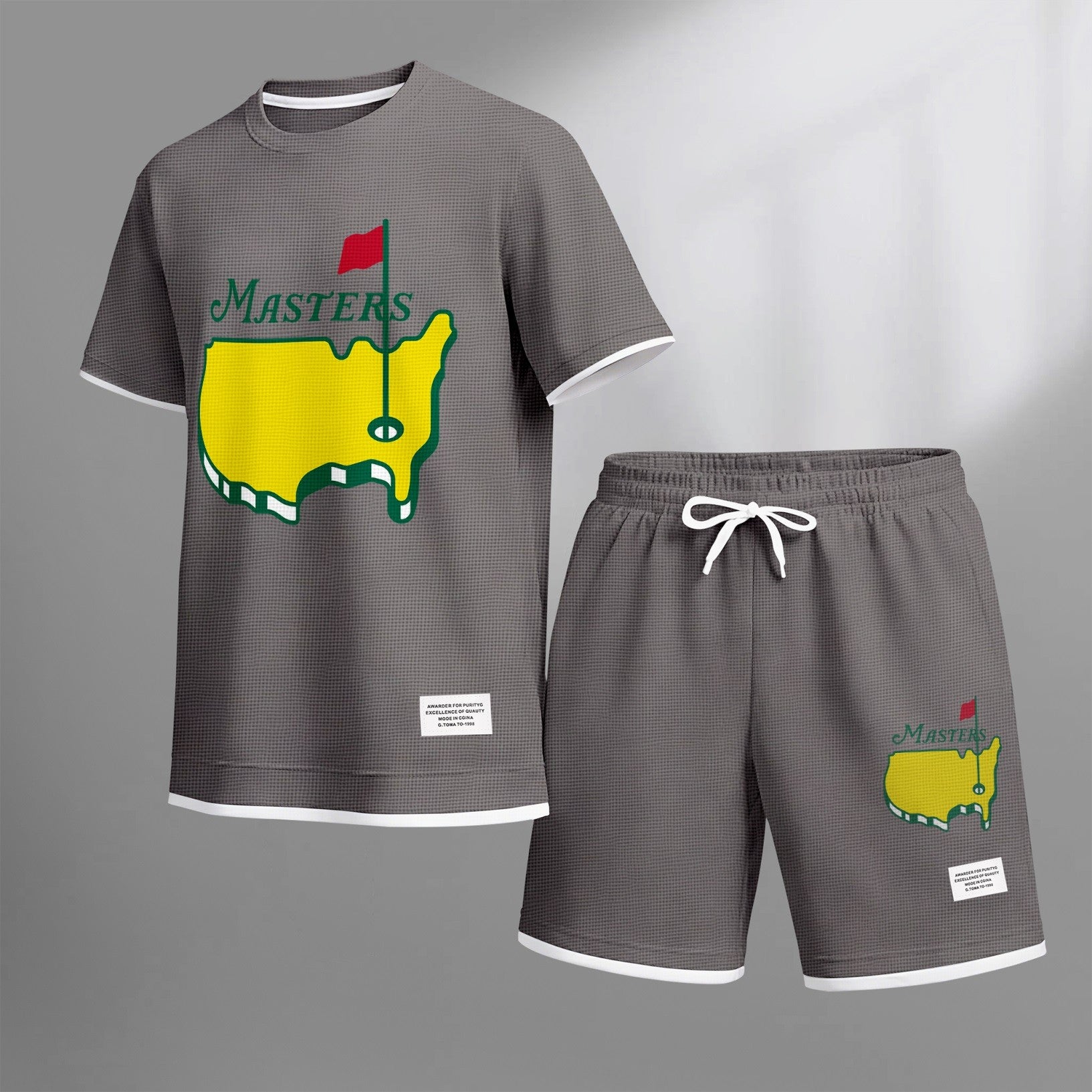Men's Classic Golf Club print drawstring shorts set for spring/summer, a casual summer outfit including a short-sleeved shirt and shorts, suitable for everyday wear and sports. A two-piece set for a relaxed and energetic lifestyle.