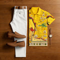 Men's Casual Yellow Printed Polo Shirt And Pants Two-Piece Set