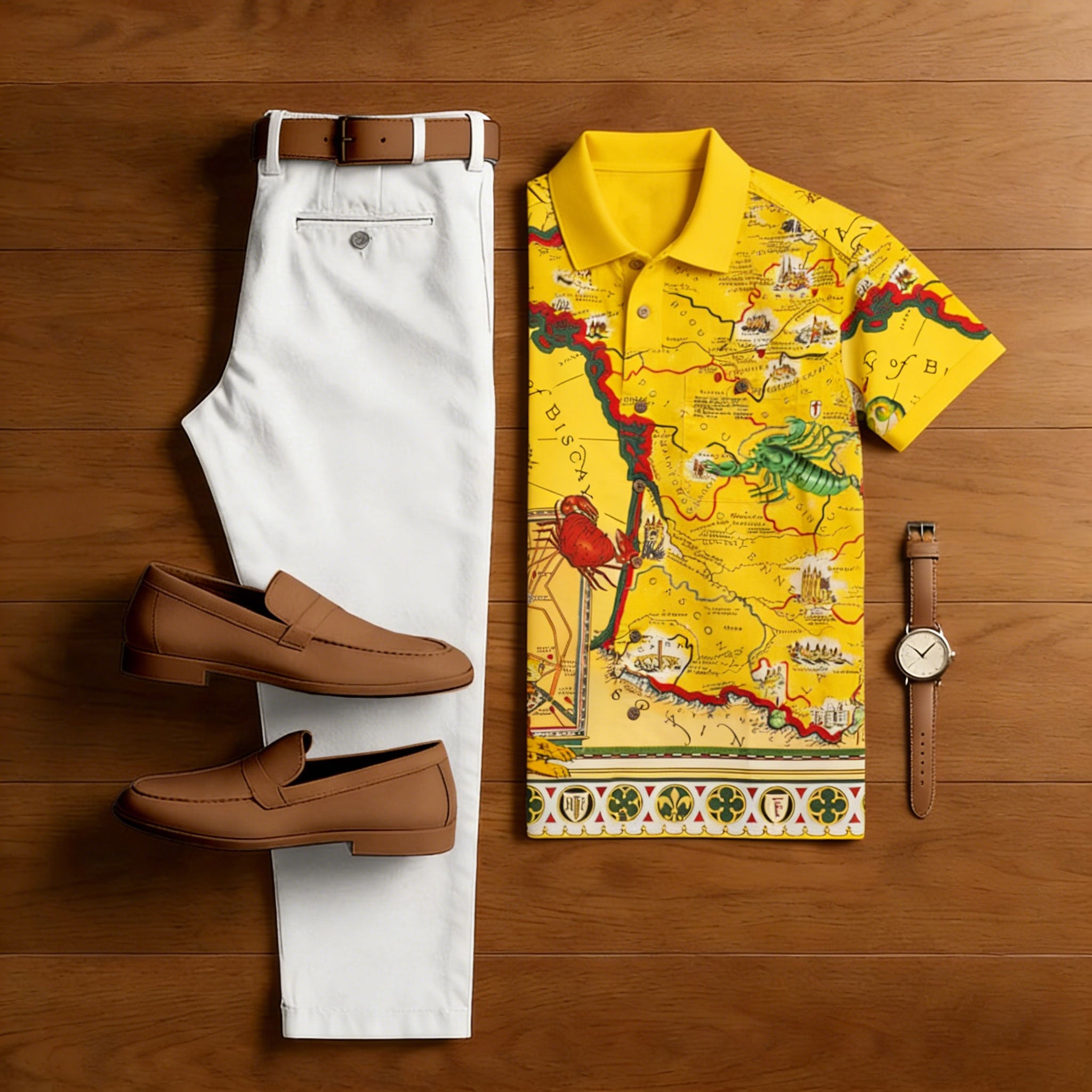 Men's Casual Yellow Printed Polo Shirt And Pants Two-Piece Set