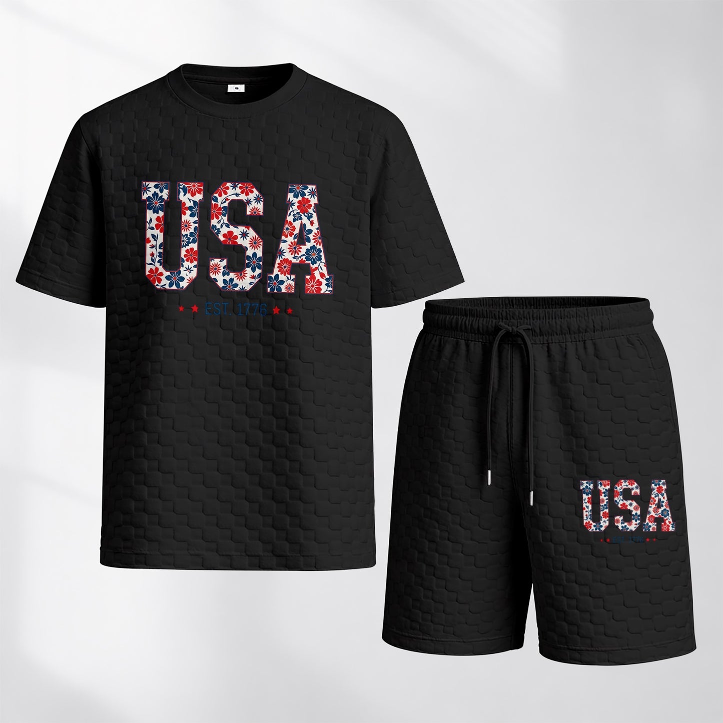 Men's Spring/Summer USA-Print Plaid Drawstring Shorts Set—A casual summer outfit featuring a short-sleeve shirt and shorts, ideal for both everyday wear and athletic activities