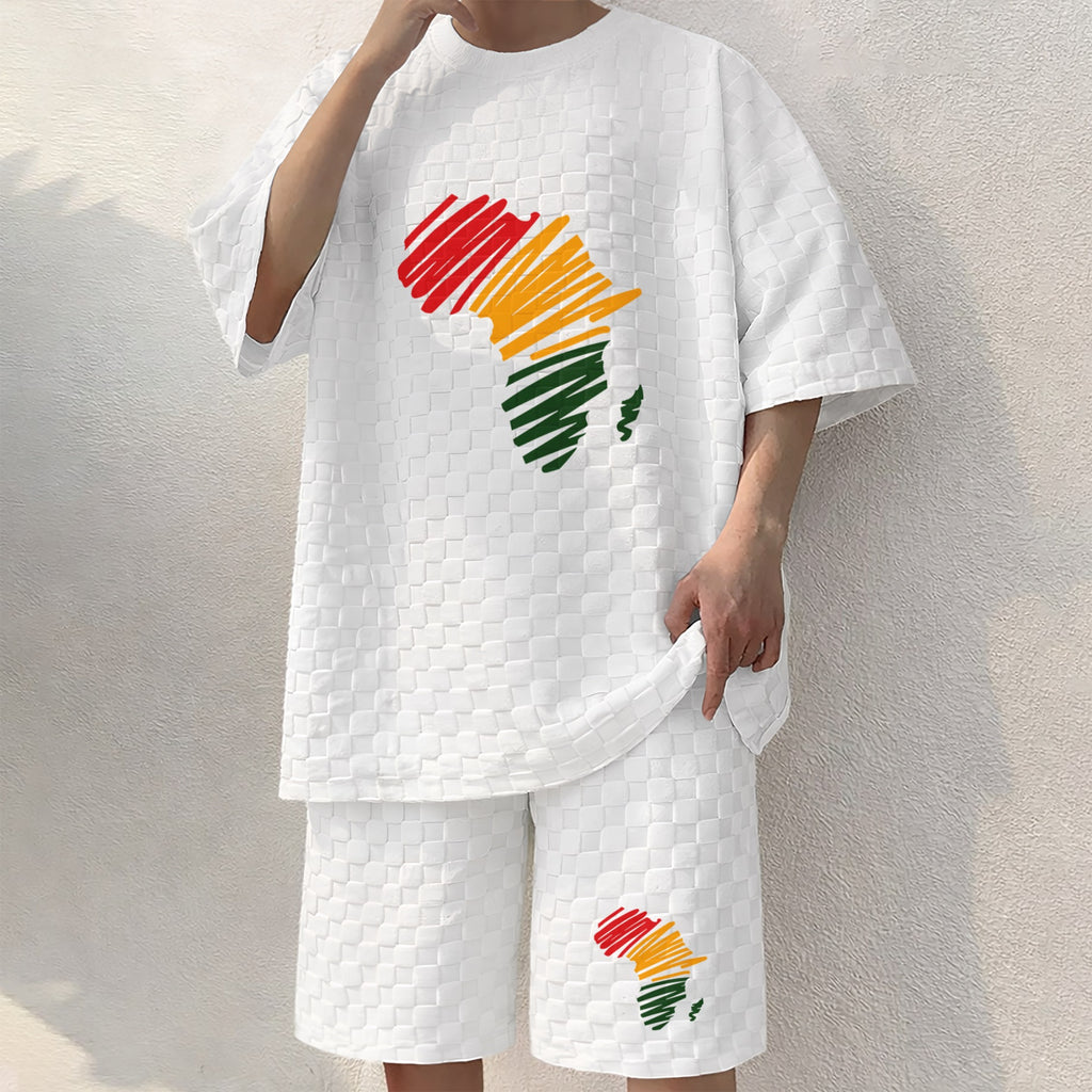 Men's Black History Print Spring And Summer Drawstring Shorts Set, A Casual Summer Outfit, Including A Short-Sleeved Shirt And Shorts, Suitable For Everyday Wear And Sports Activities.