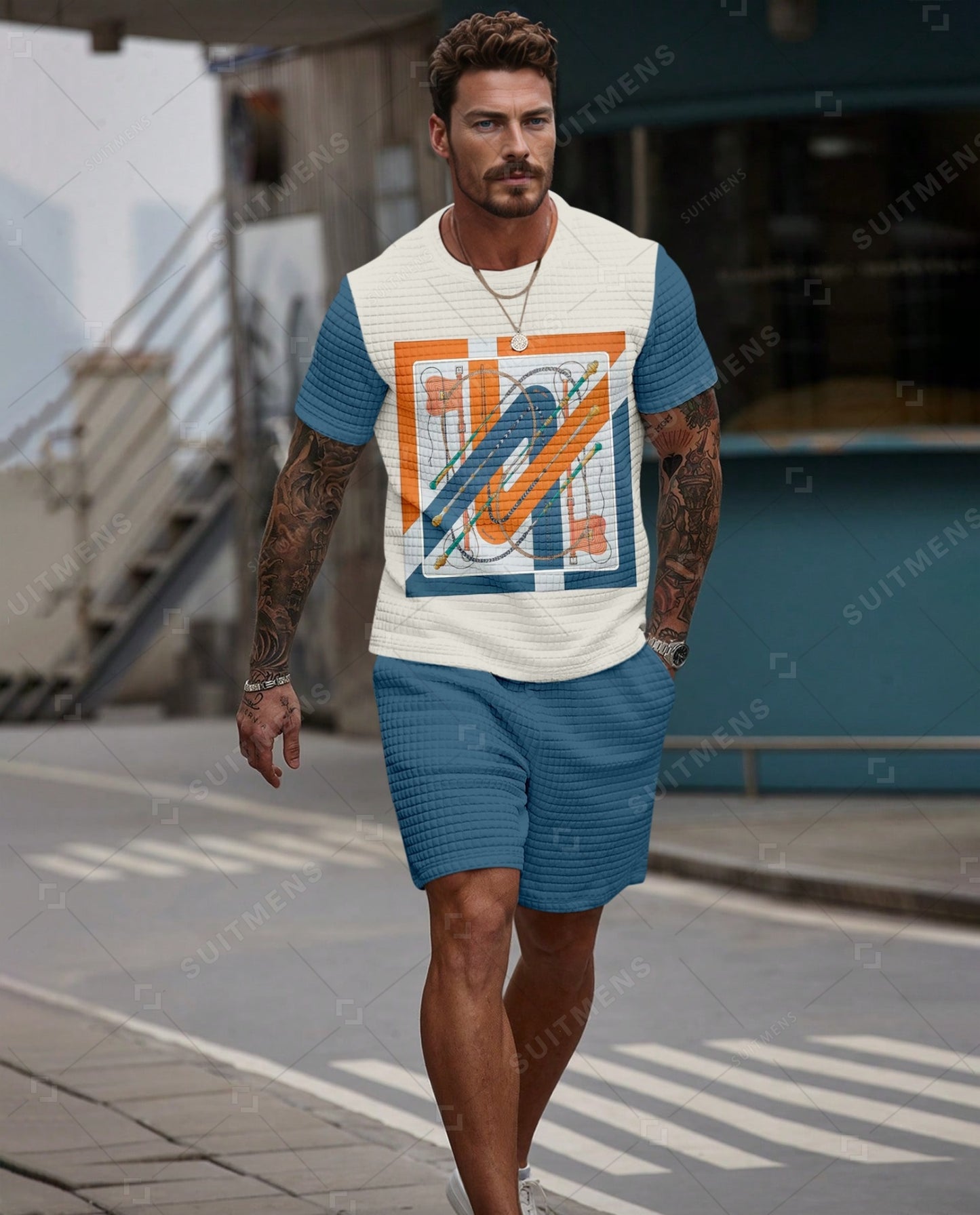 Men's Casual Waffle Textured Summer Round Neck Short Sleeve Shorts Set 0025
