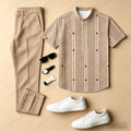 Men's Casual Brown Color-Blocked Printed Crew Neck Short-Sleeved Shirt And Trousers Two-Piece Set