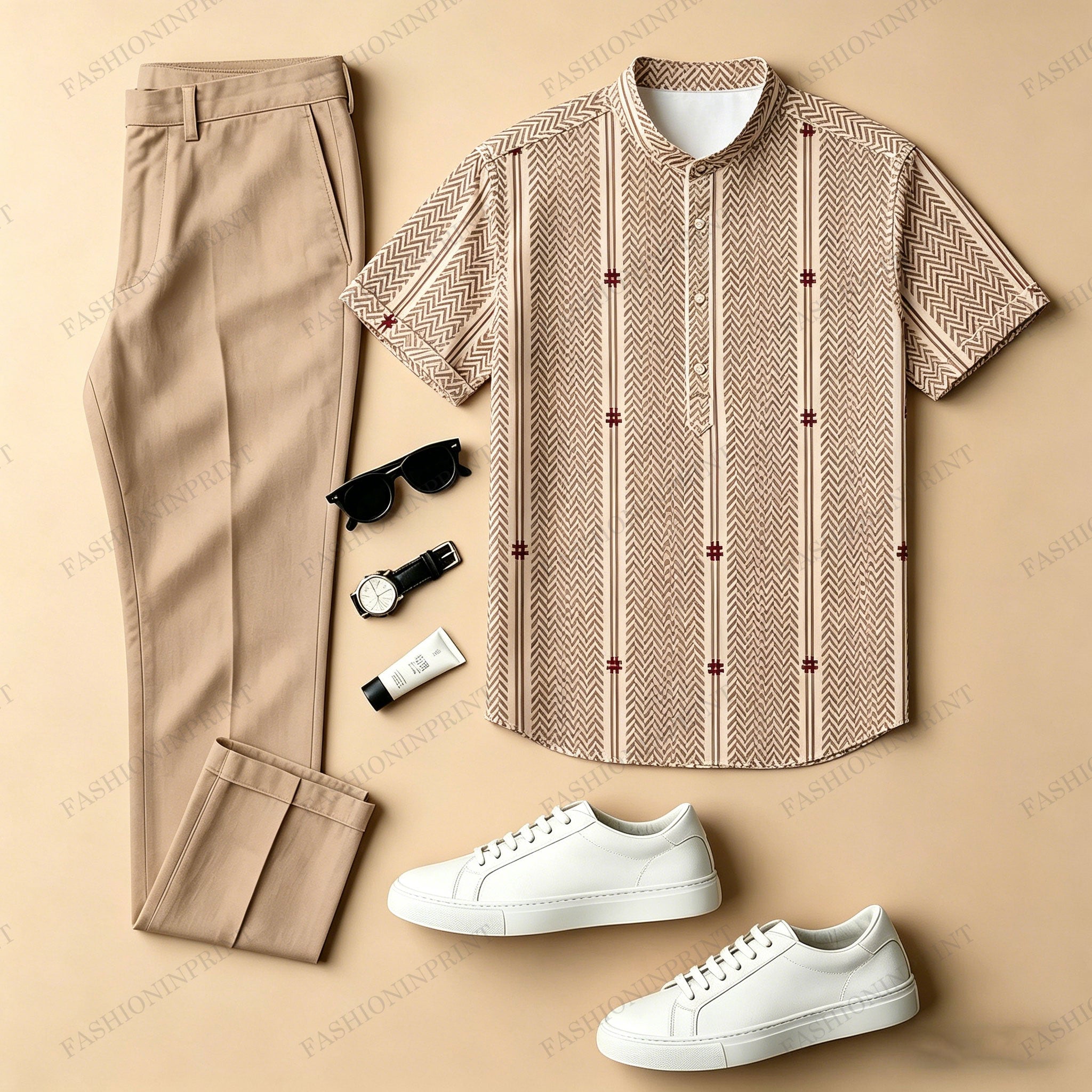 Men's Casual Brown Color-Blocked Printed Crew Neck Short-Sleeved Shirt And Trousers Two-Piece Set