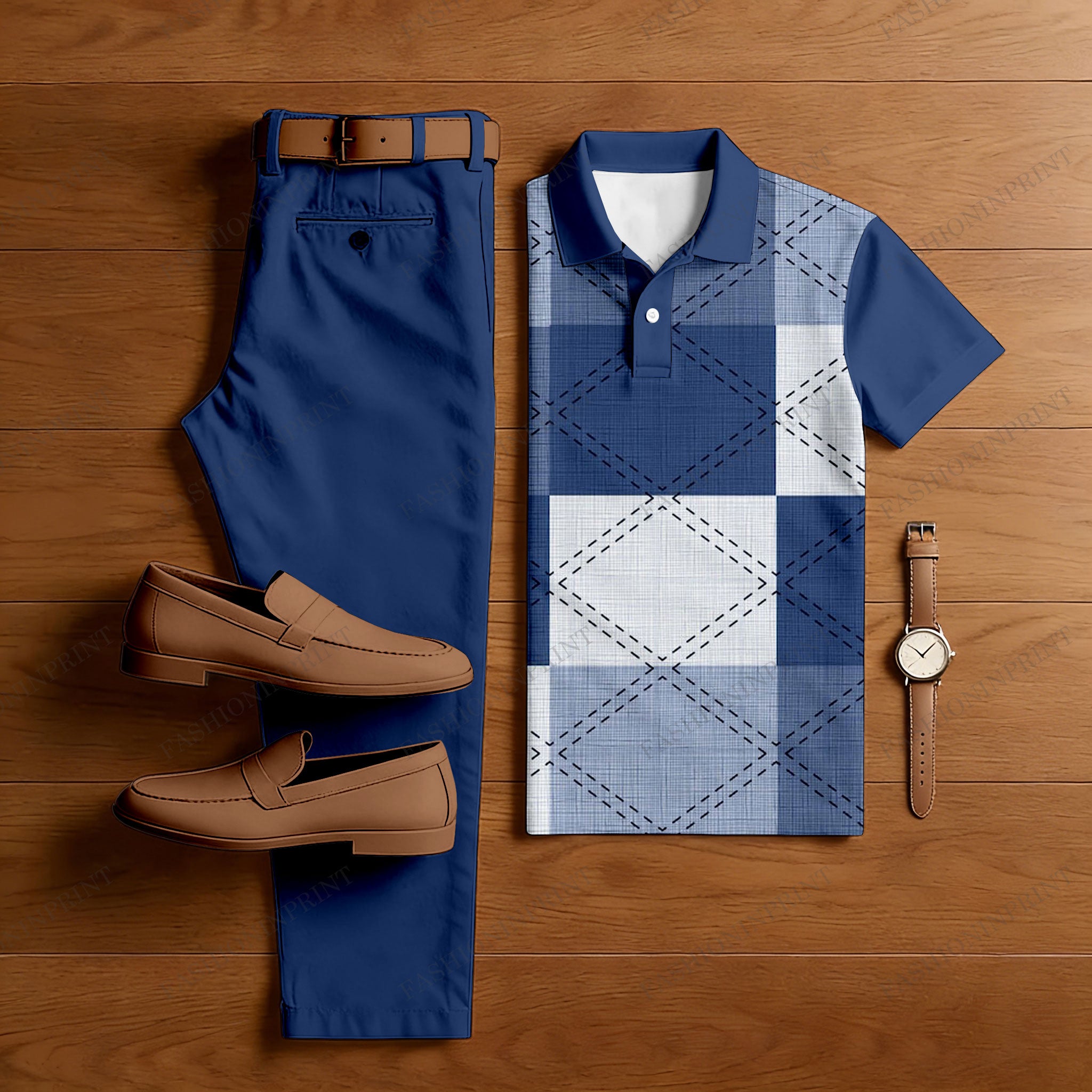 Men's Casual Navy Blue Plaid Printed Short-Sleeved Shirt And Shorts Two-Piece Set