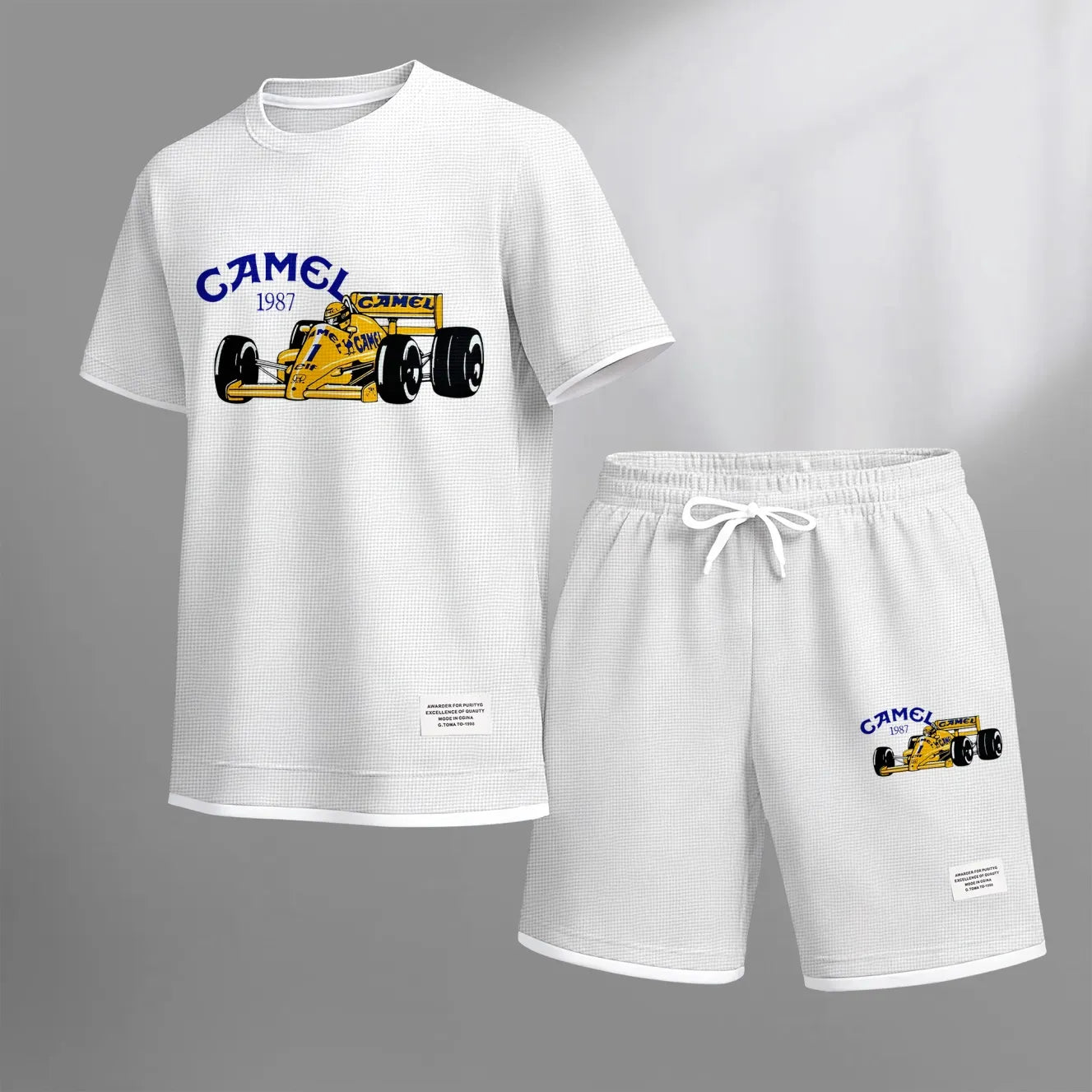 Men's Classic Racing Print Waffle Fabric Short-Sleeved Shirt And Shorts Set 02