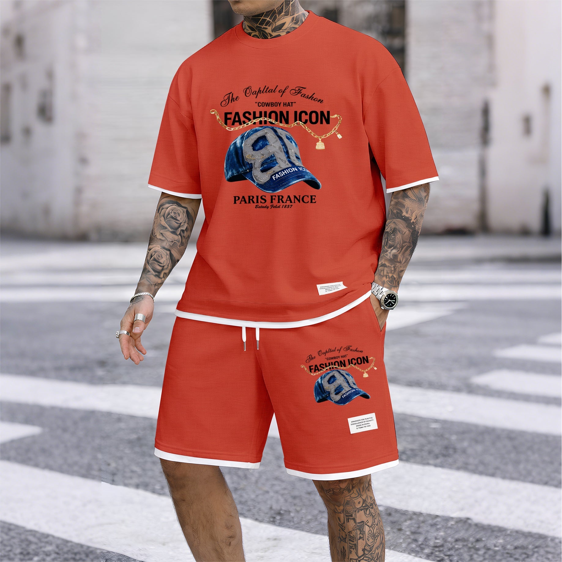 Men's Retro Cool Letter Print Short Sleeve T-Shirt & Shorts Set, Summer Lightweight Waffle Sporty Casual Two-Piece Outfit, Streetwear for Gym & Daily Wear