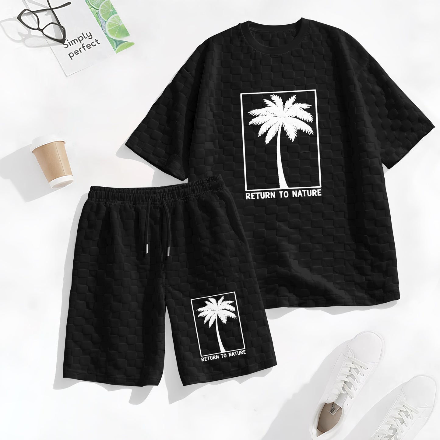 Men's Palm Print Spring And Summer Drawstring Shorts Set, A Casual Summer Outfit, Including A Short-Sleeved Shirt And Shorts, Suitable For Everyday Wear And Sports Activities.