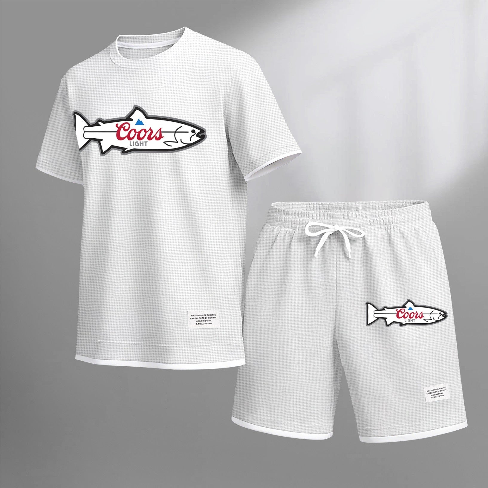 Men's vintage beverage print drawstring shorts set, suitable for spring and summer wear. This casual summer set includes a short-sleeved shirt and shorts, perfect for everyday wear and sports. Two-piece set design.