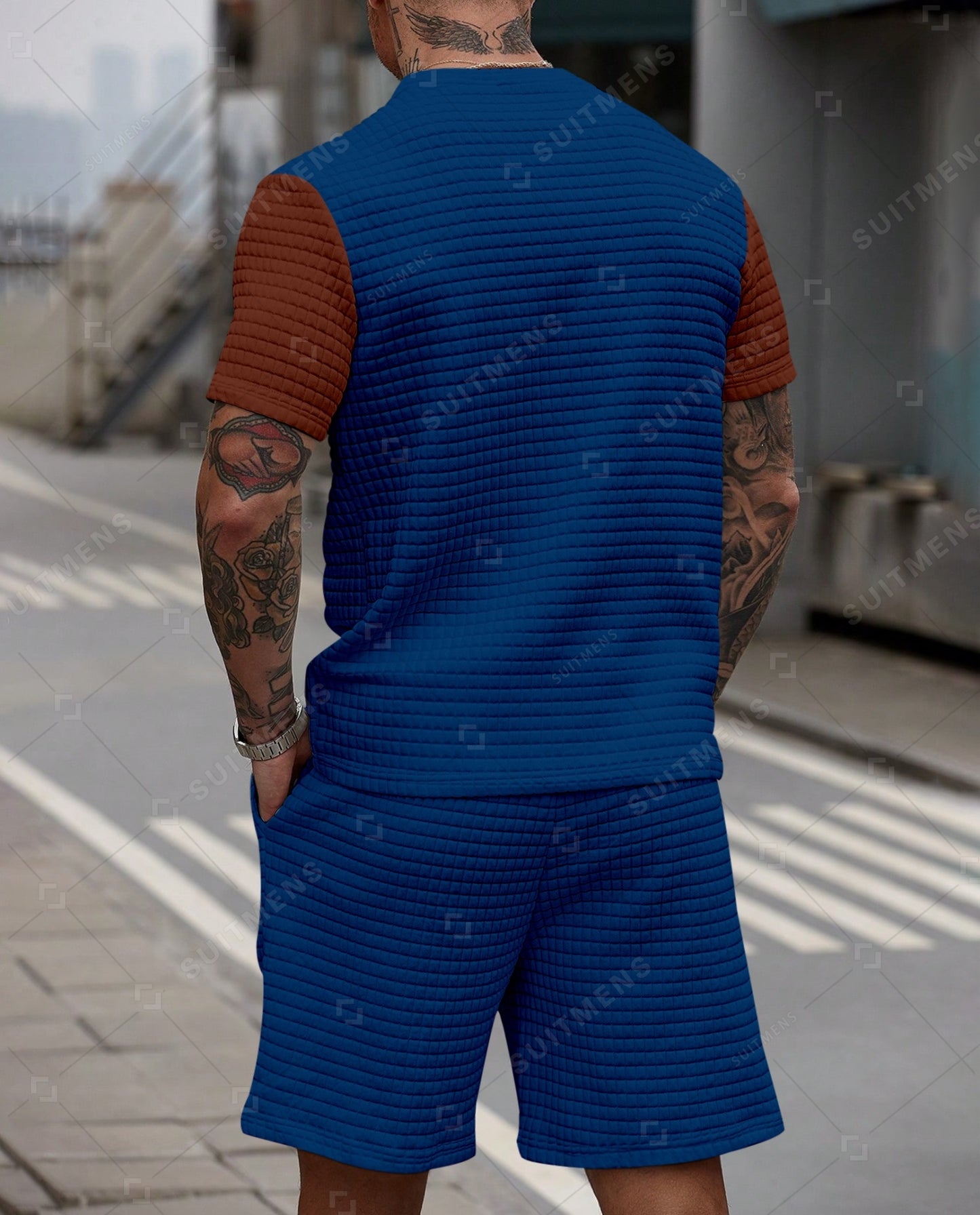 Men's Casual Waffle Textured Summer Round Neck Short Sleeve Shorts Set 0016