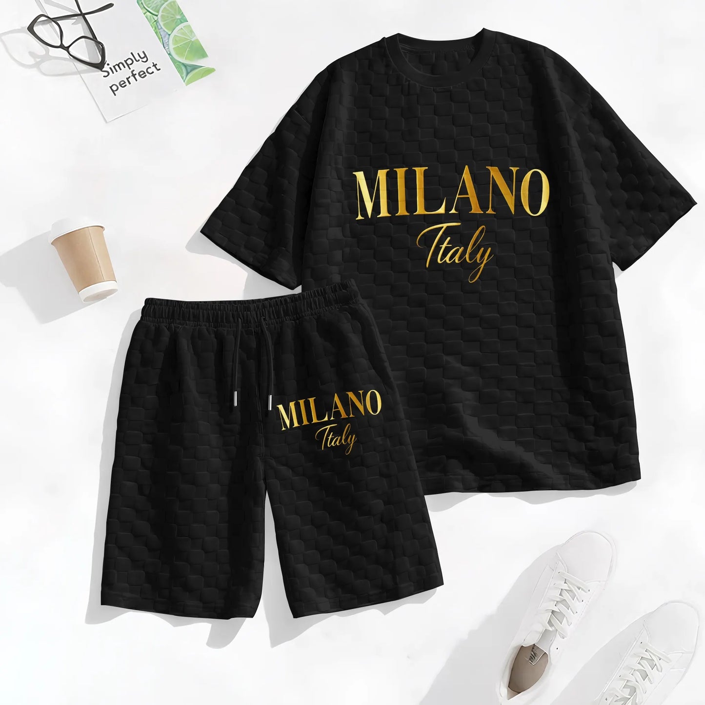 Men's Spring and Summer 'MILANO Italy' Letter Print Checkered Fabric Drawstring Shorts Set, Casual Summer Outfit with Short-Sleeved Shirt and Shorts, Ideal for Everyday Wear and Sports Activities