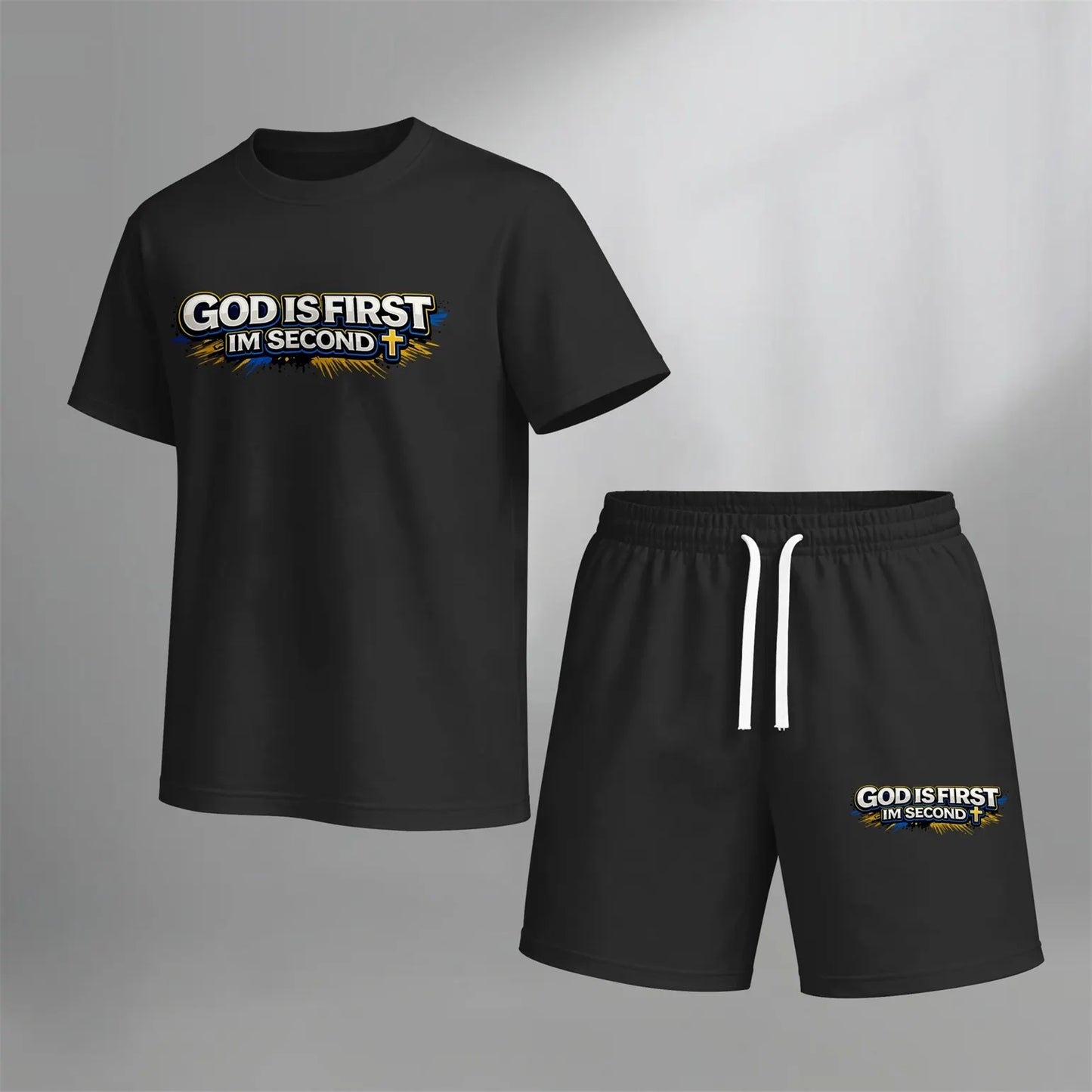 Men’s Christian Summer 2 Piece Set, God Is First I’m Second Graphic Short Sleeve T Shirt and Drawstring Shorts Matching Outfit, Lightweight Breathable Casual Set for Beach, Vacation, Gym, Travel, and Daily Wear