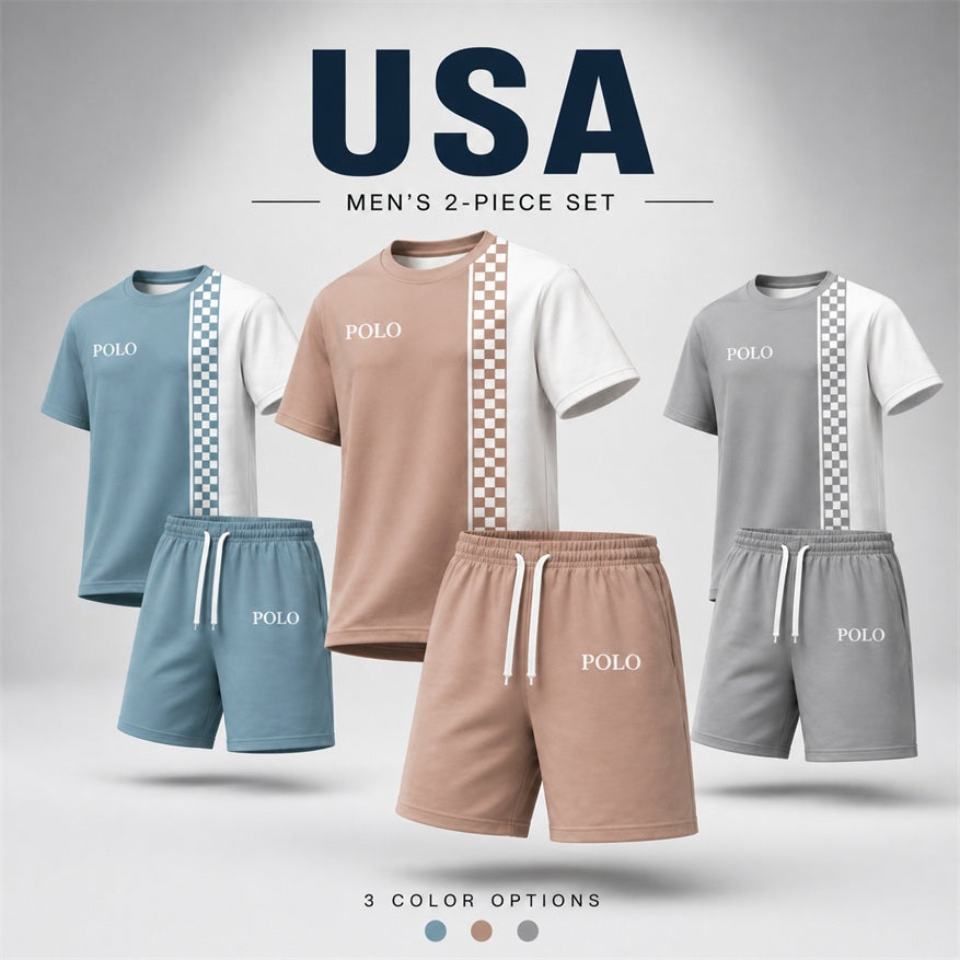 Men’s Casual Checker Stripe T Shirt and Shorts Set, 2 Piece Matching Outfit with Short Sleeve Tee and Elastic Waist Drawstring Shorts, Soft Breathable Summer Set for Holiday, Beach, Street Style, Lounge, and Everyday Wear