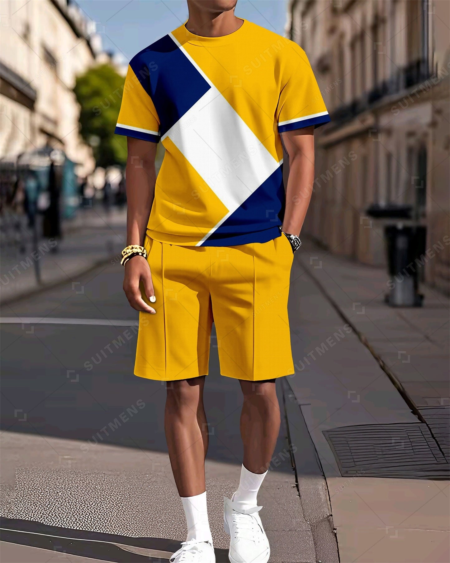 Men's Colorblock Printed Casual Summer Round Neck Set 2034