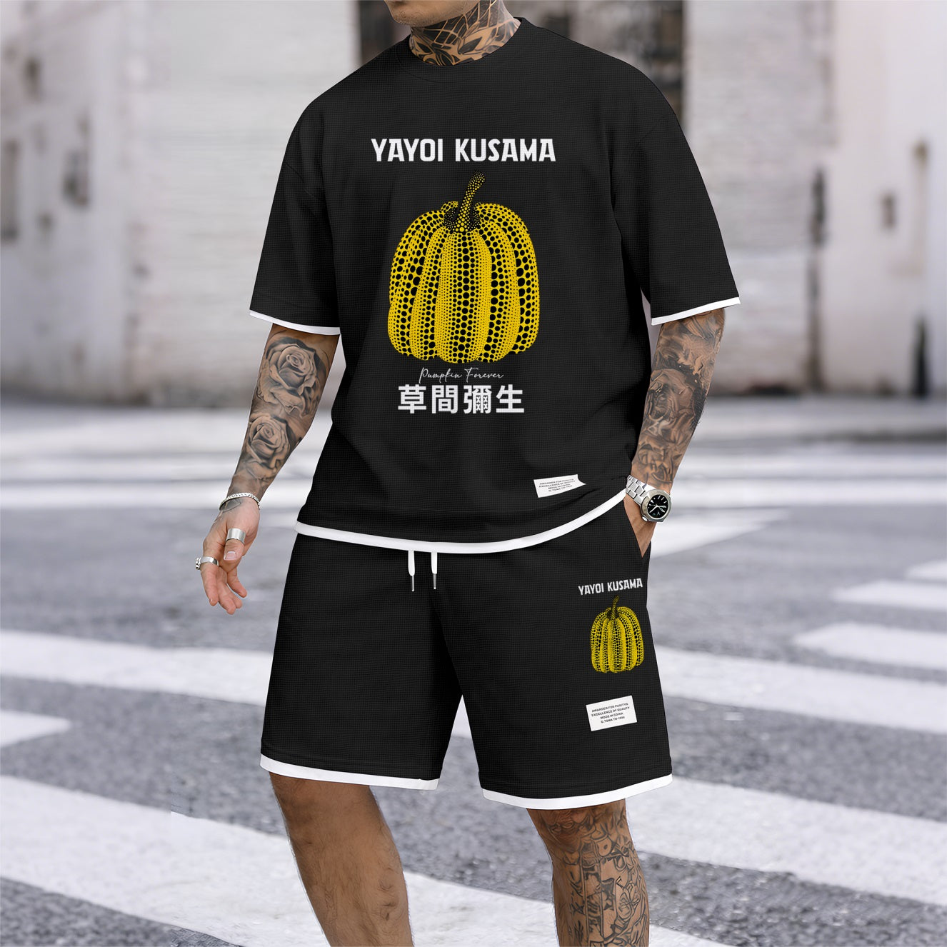 Men's Polka-Dot Pumpkin Print Waffle Fabric Short-Sleeved Shirt And Shorts Set 02