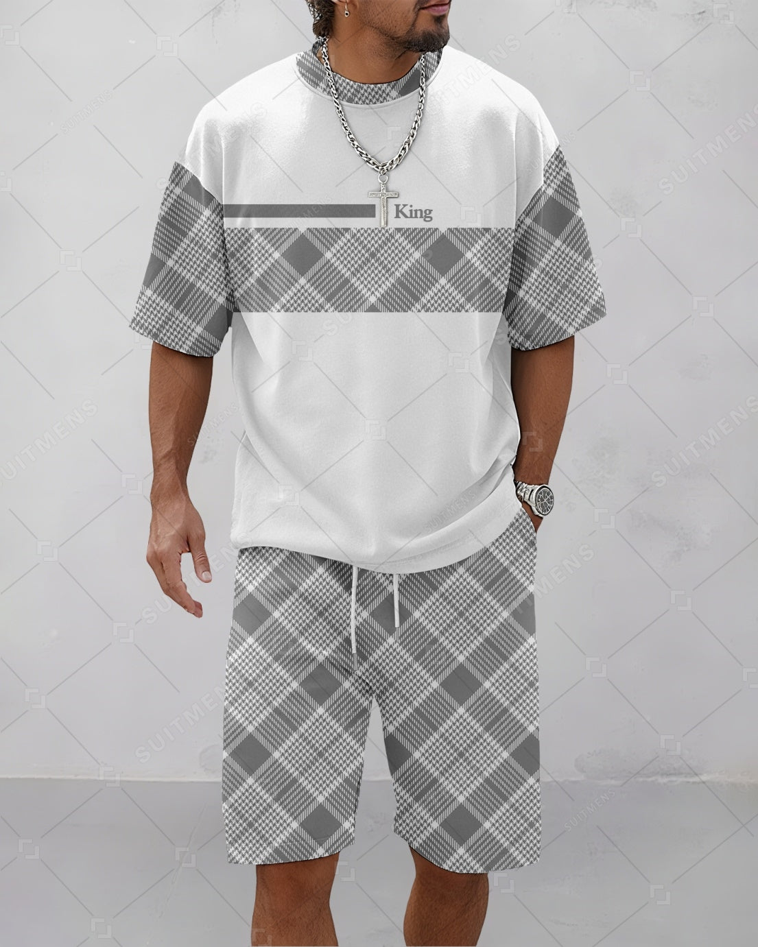 Men's Summer Colorblock Printed Round Neck Suit 077