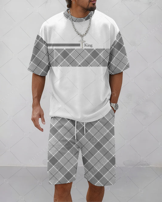 Men's Summer Colorblock Printed Round Neck Suit 077