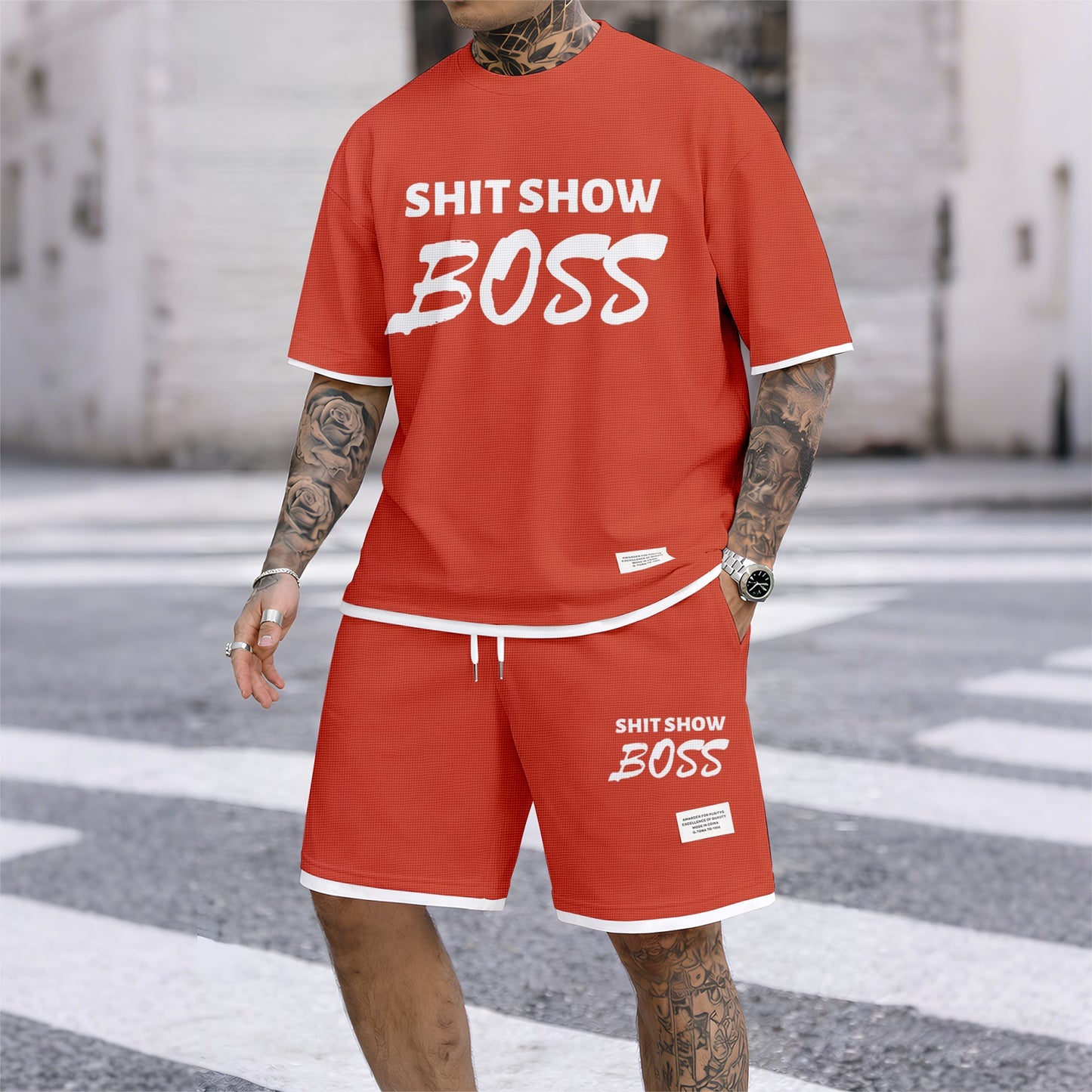 Men's Boss print drawstring shorts set for spring/summer, a casual summer outfit including a short-sleeved shirt and shorts, suitable for everyday wear and sports. A two-piece set for a relaxed and energetic lifestyle.