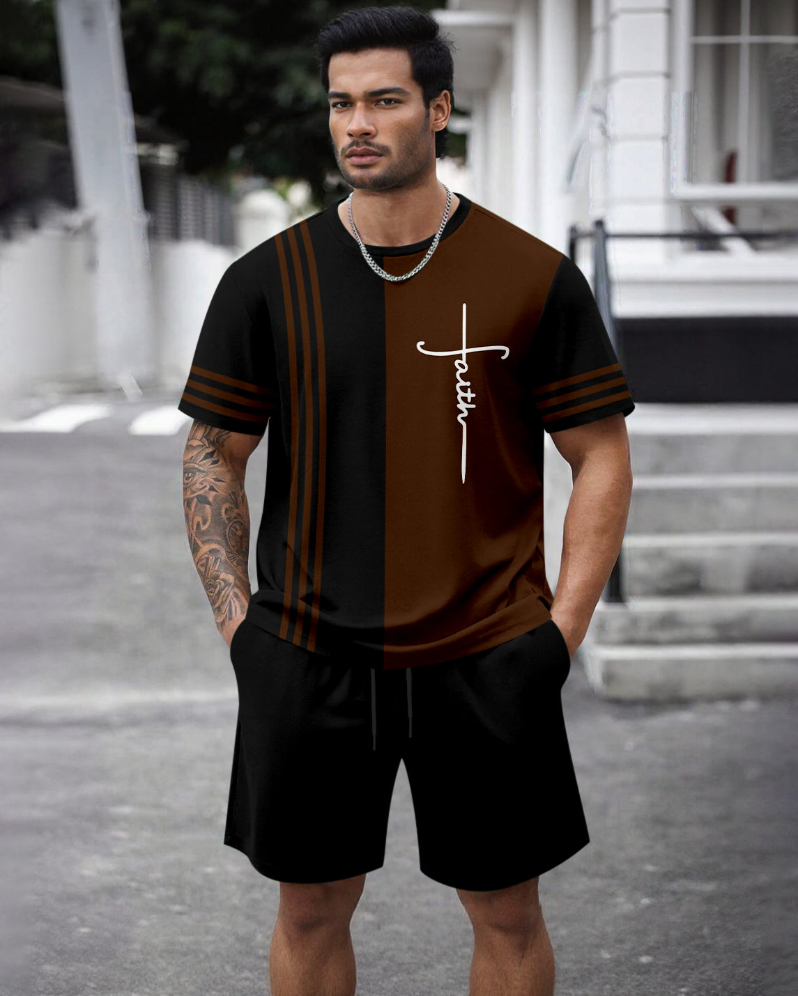 Men's Summer Colorblock Printed Round Neck Set 472