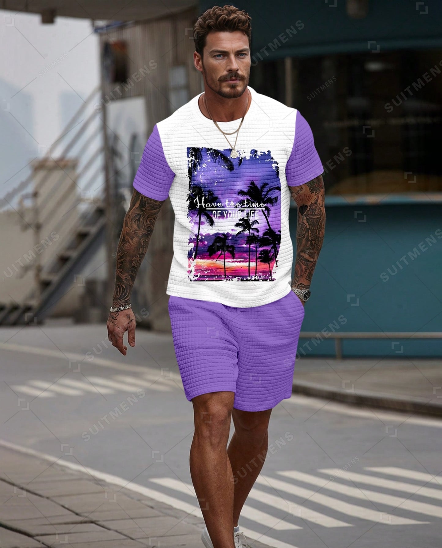 Men's Casual Waffle Textured Summer Round Neck Short Sleeve Shorts Set 0014