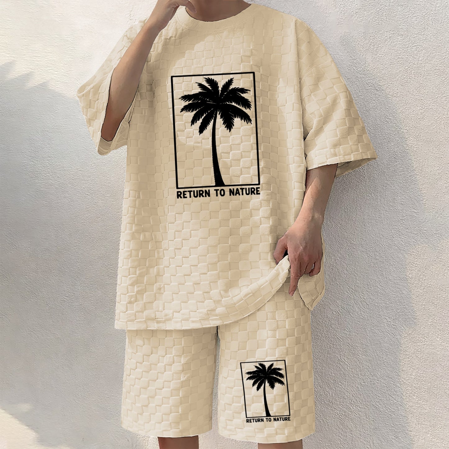 Men's Palm Print Spring And Summer Drawstring Shorts Set, A Casual Summer Outfit, Including A Short-Sleeved Shirt And Shorts, Suitable For Everyday Wear And Sports Activities.