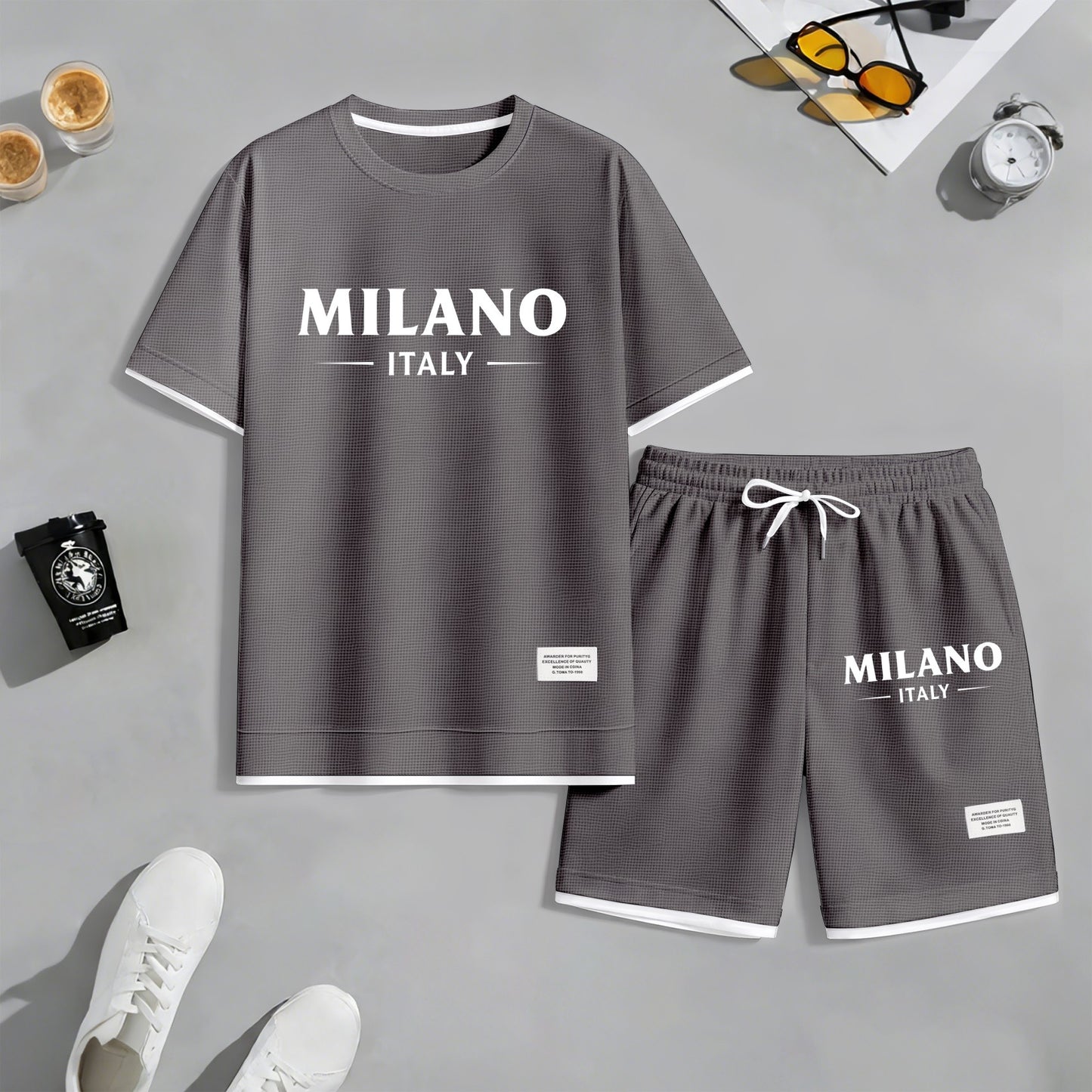 Men's Milan print drawstring shorts set for spring/summer, a casual summer outfit including a short-sleeved shirt and shorts, suitable for everyday wear and sports. A two-piece set for a relaxed and energetic lifestyle.