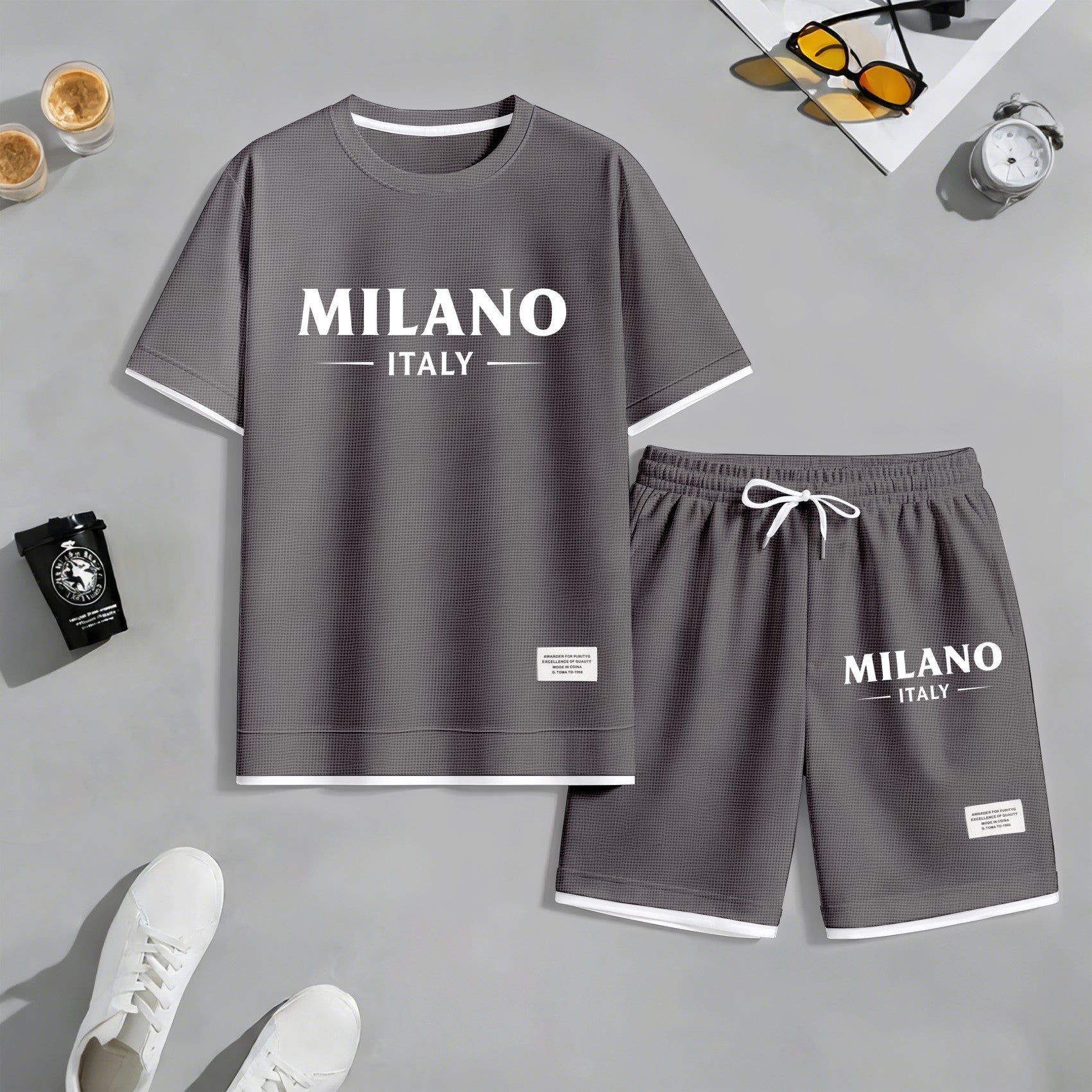 Men's Milan print drawstring shorts set for spring/summer, a casual summer outfit including a short-sleeved shirt and shorts, suitable for everyday wear and sports. A two-piece set for a relaxed and energetic lifestyle.