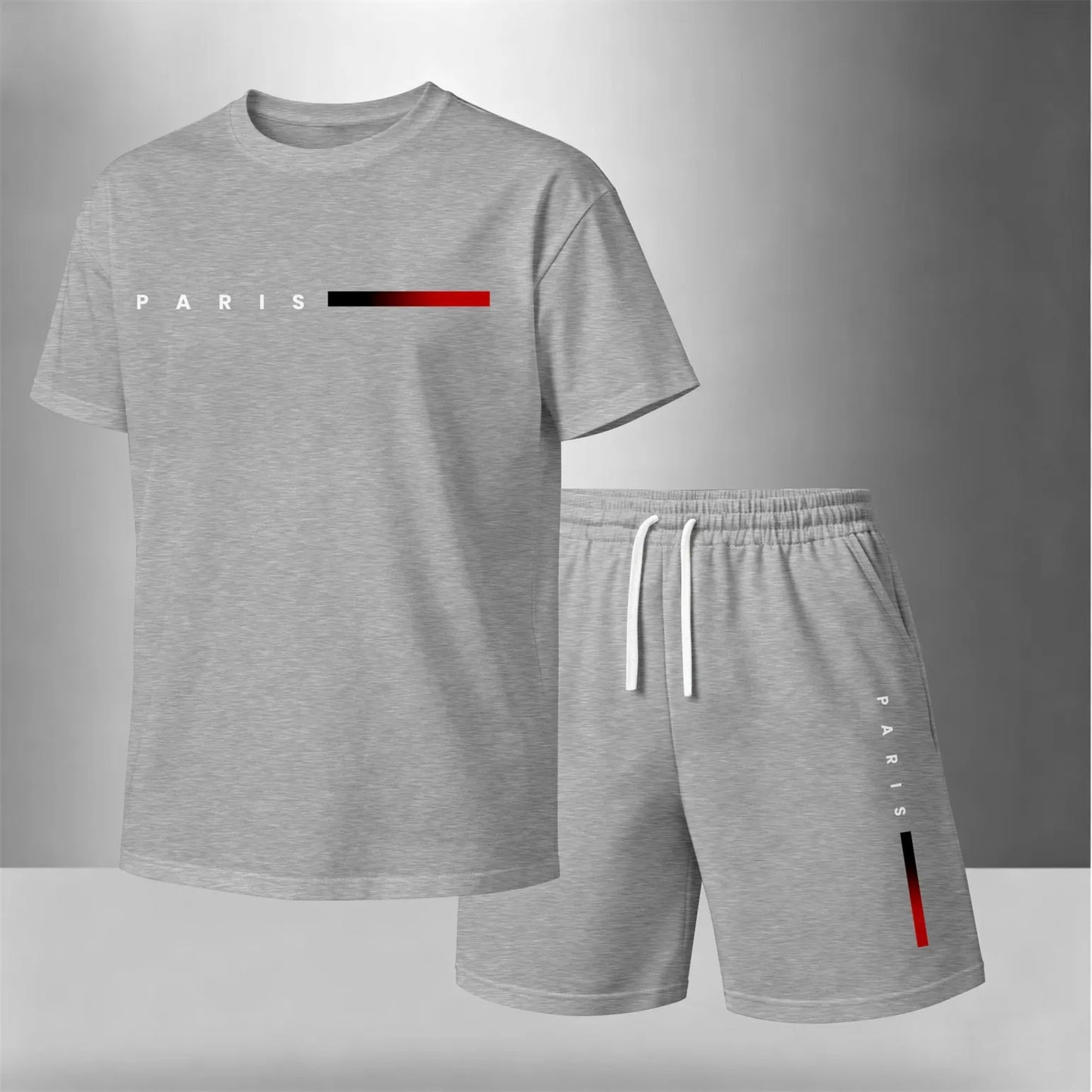 Men’s Summer 2 Piece Set, PARIS Letter Print Short Sleeve T Shirt and Drawstring Shorts Matching Outfit, Lightweight Breathable Casual Set for Travel, Streetwear, Beach, Vacation, and Daily Wear