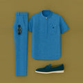 Men's Casual Blue Color Short Sleeved Henry Collar T-Shirt & Trousers Two-Piece Set  200676