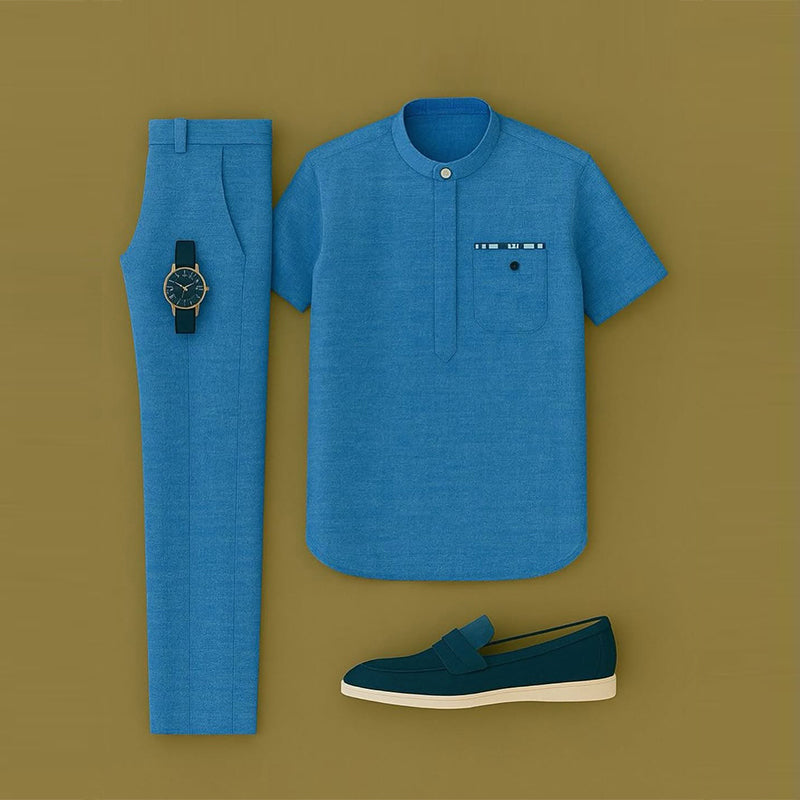 Men's Casual Blue Color Short Sleeved Henry Collar T-Shirt & Trousers Two-Piece Set  200676