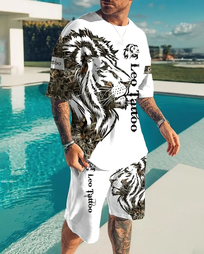 Men's casual color block printed shorts Set 54