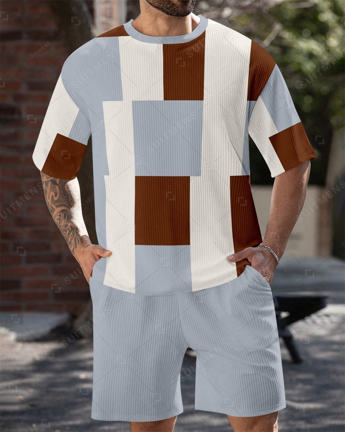 Men's Simple Color Matching Summer Round Neck Set 188