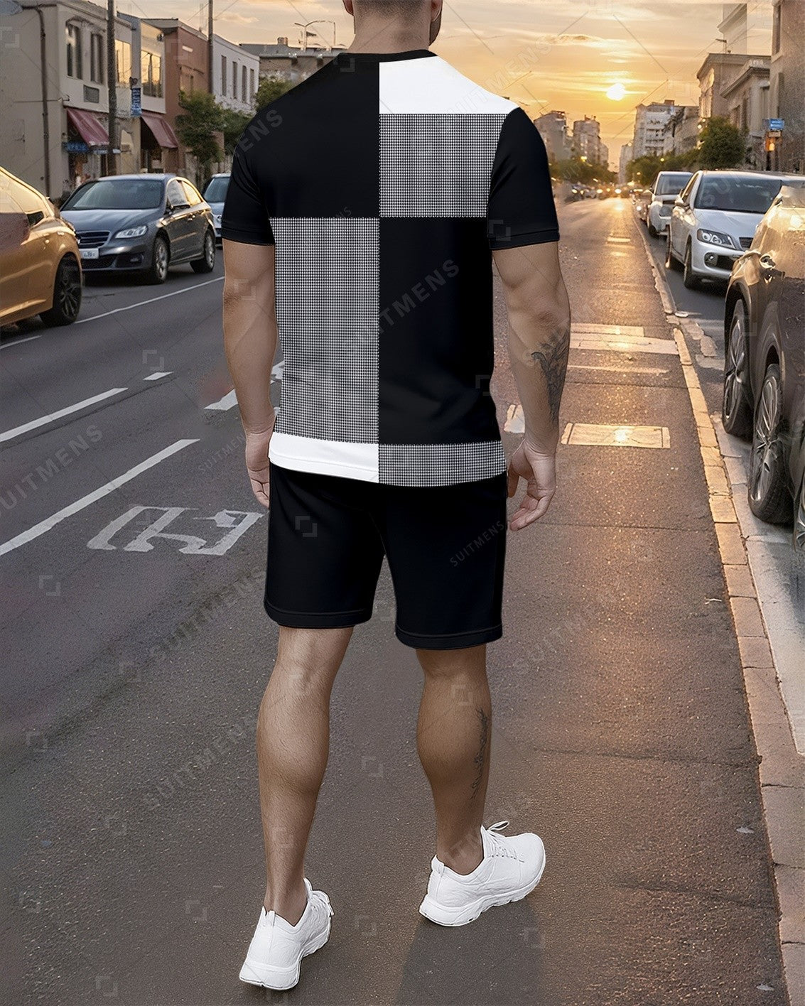 Men's Summer Colorblock Printed Round Neck Set 756