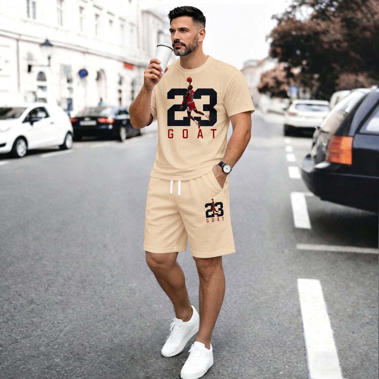 Men’s Summer 2 Piece Set, Basketball 23 Letter Print Short Sleeve T Shirt and Drawstring Shorts Matching Outfit, Lightweight Breathable Casual Set for Travel, Streetwear, Beach, Vacation, and Daily Wear