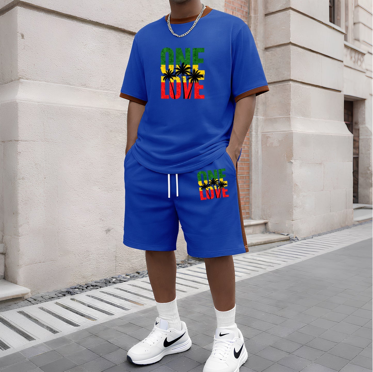 Men's Pattern Short-Sleeve T-Shirt and Drawstring Shorts Set, Men's Clothing, Casual Sporty Short-Sleeve Top and Shorts, Summer Men's Everyday Wear, Indoor and Outdoor Sportswear, Athletic Set