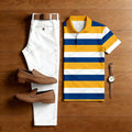 Men's Casual Yellow & Royal Blue Color Matching Striped Printed Short Sleeved Polo Shirt & White Trousers Two-Piece Set