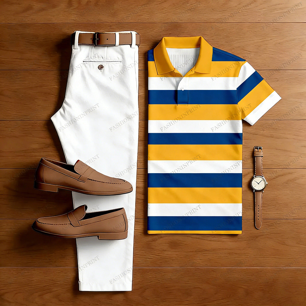 Men's Casual Yellow & Royal Blue Color Matching Striped Printed Short Sleeved Polo Shirt & White Trousers Two-Piece Set