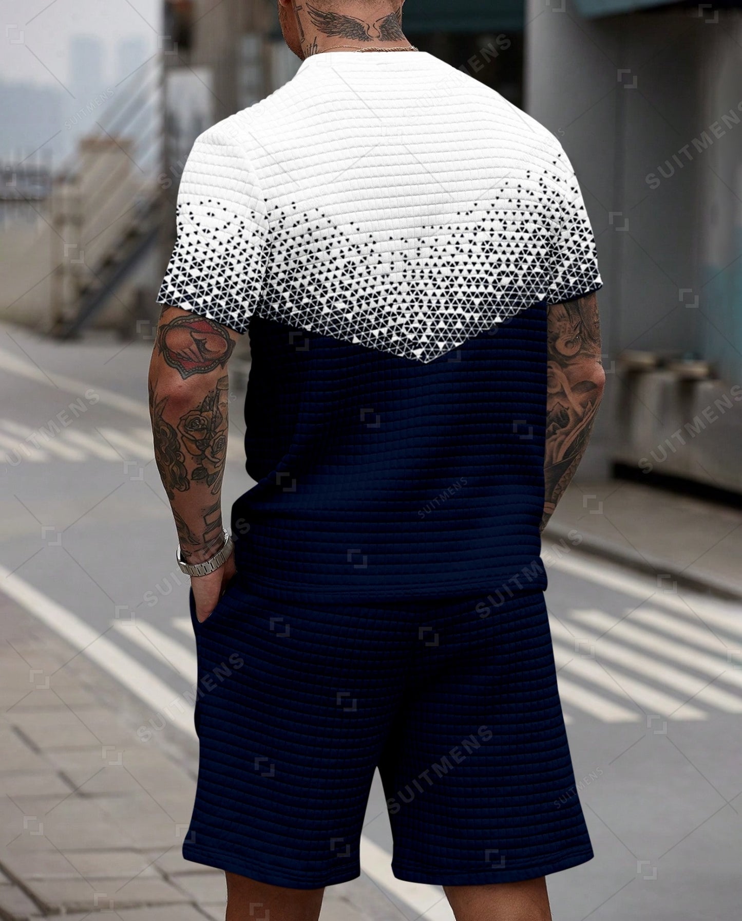 Men's Casual Waffle Textured Summer Round Neck Short Sleeve Shorts Set 0018