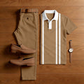 Men's Casual Brown & White Color Matching Striped Printed Short Sleeved Polo Shirt & Trousers Two-Piece Set