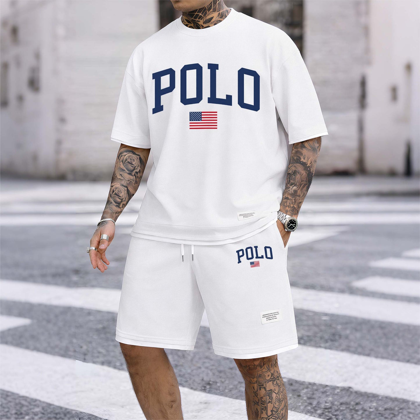 Men's Polo Print Drawstring Shorts Set For Spring/Summer. A Casual Summer Outfit, Including A Short-Sleeved Shirt And Shorts, Suitable For Everyday Wear And Sports. A Two-Piece Set For A Relaxed And Energetic Lifestyle.