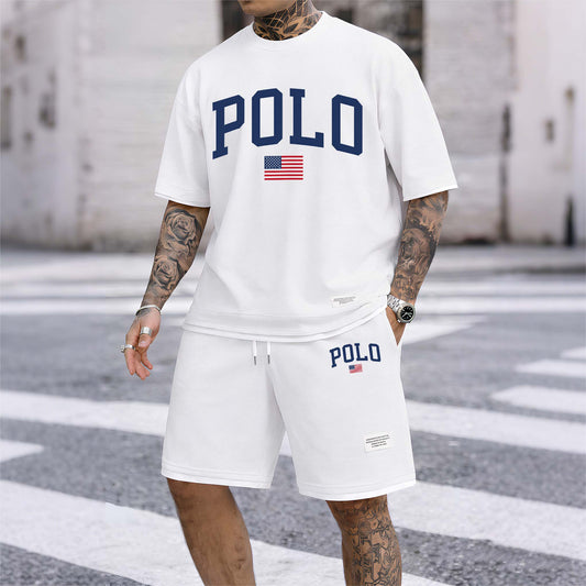 Men's Polo Print Drawstring Shorts Set For Spring/Summer. A Casual Summer Outfit, Including A Short-Sleeved Shirt And Shorts, Suitable For Everyday Wear And Sports. A Two-Piece Set For A Relaxed And Energetic Lifestyle.