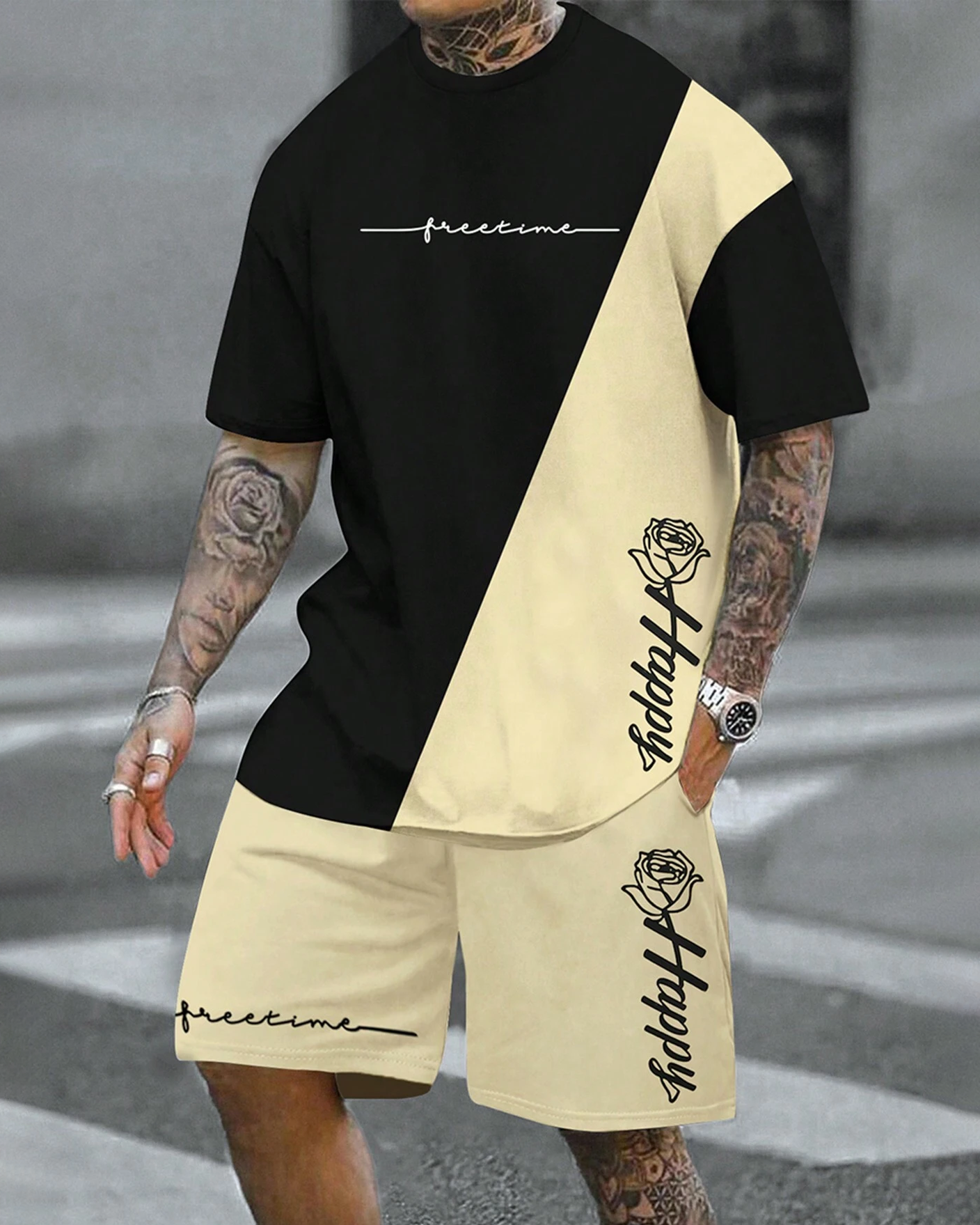 Manfinity LEGND Men's Color Block Letter Printed Short Sleeve T-Shirt And Shorts Set 603