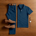 Men's Casual Navy Blue Short Sleeved Polo Shirt & Trousers Two-Piece Set