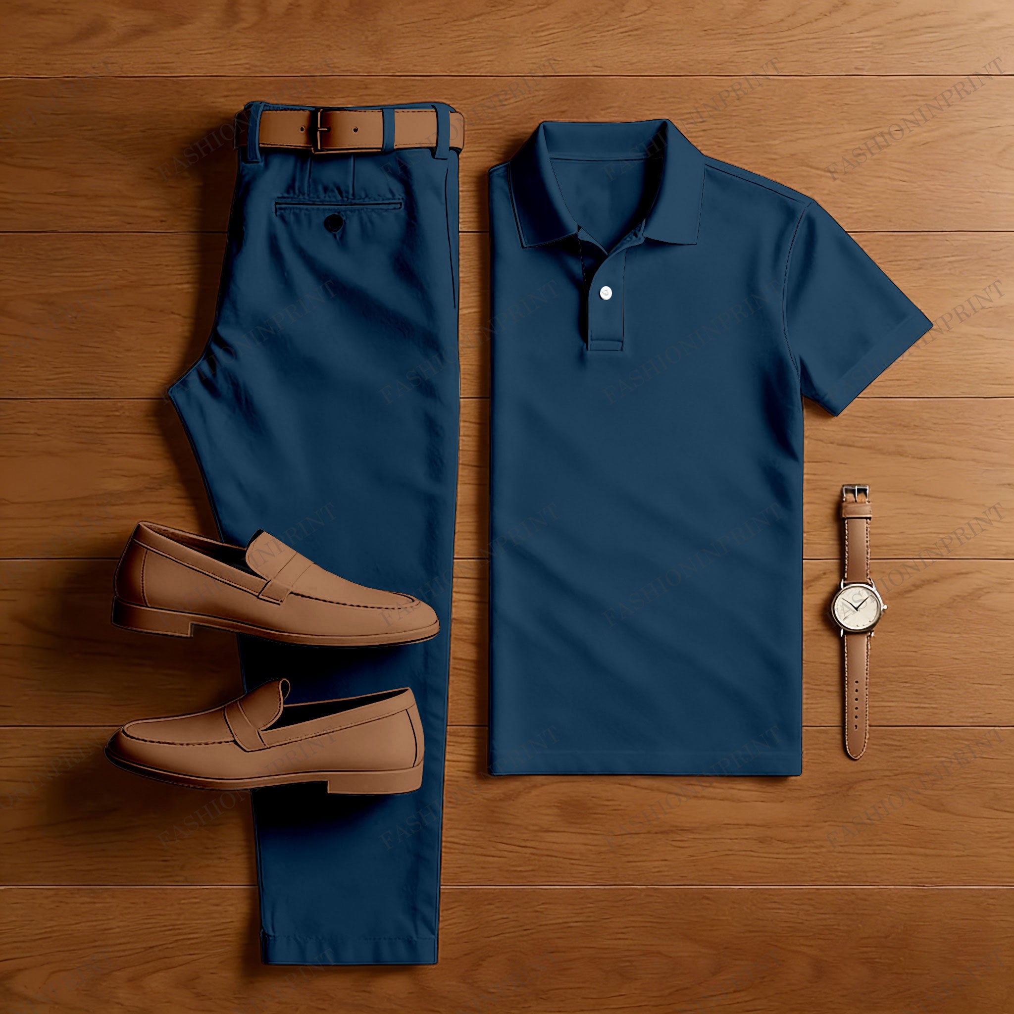 Men's Casual Navy Blue Short Sleeved Polo Shirt & Trousers Two-Piece Set