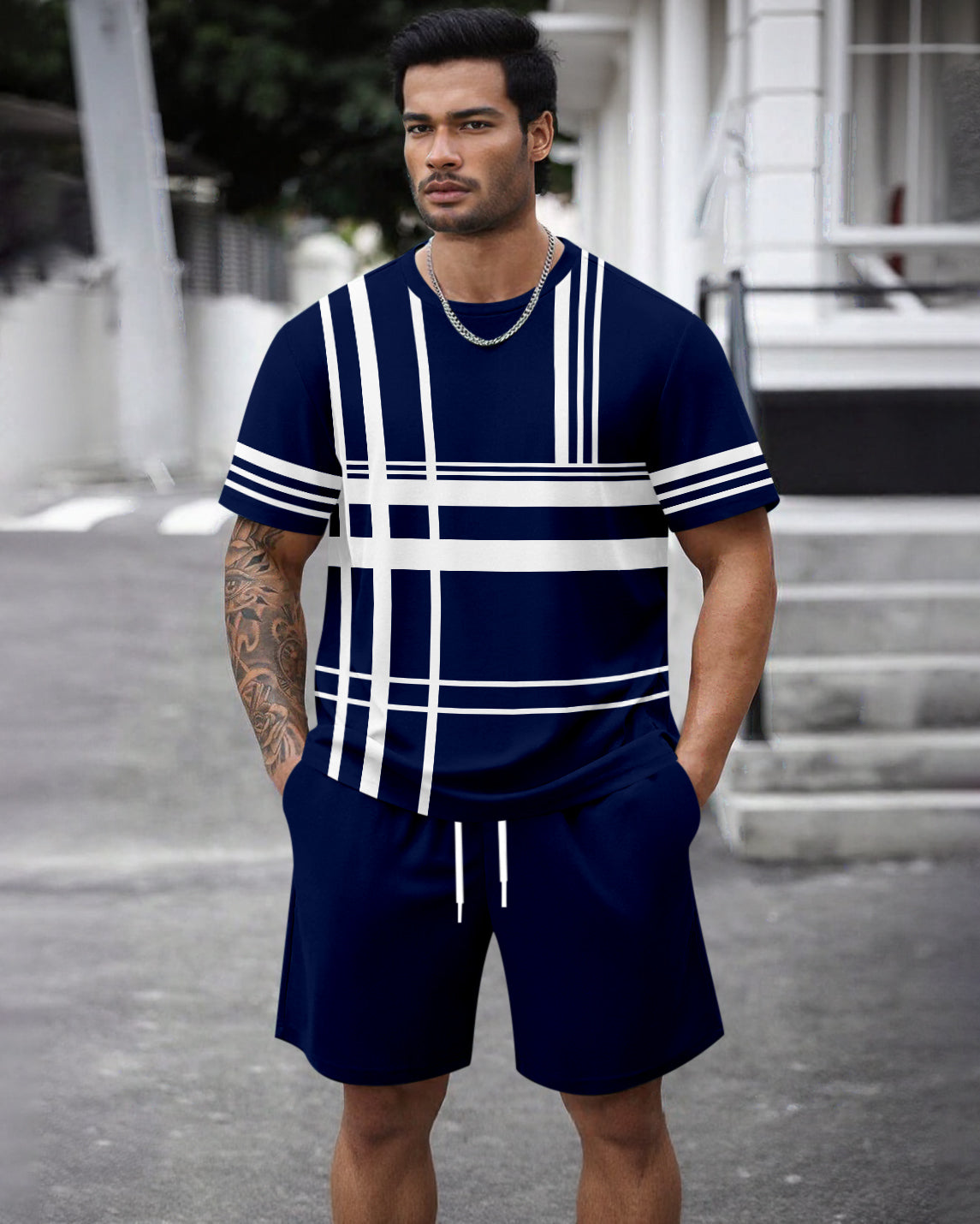 Men's Summer Colorblock Printed Round Neck Set 466