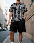 Men's Summer Colorblock Printed Round Neck Suit 045